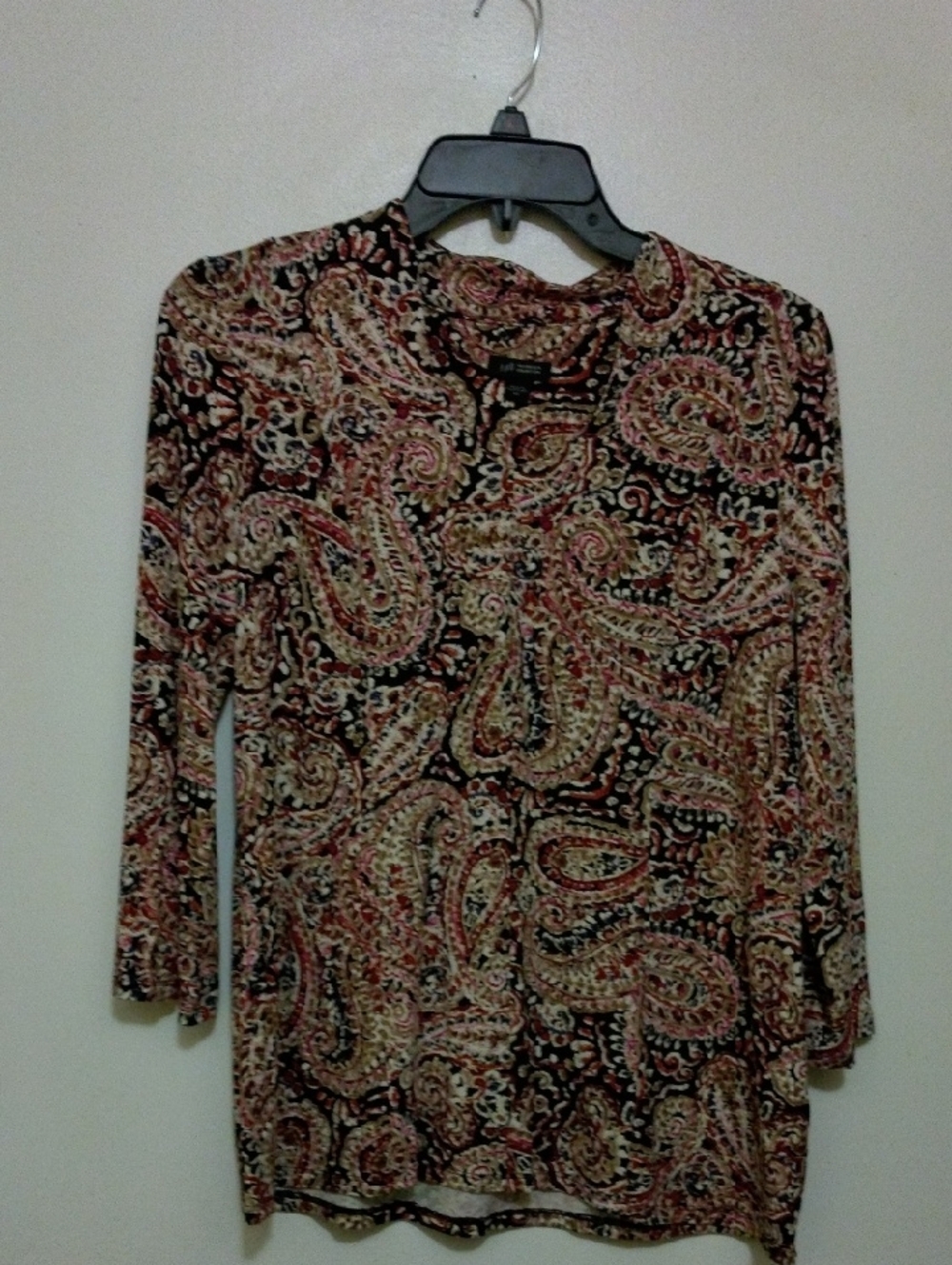J. Jill Paisley Print 3/4"Sleeve Women’s Top - Black/Tan/Wine XS